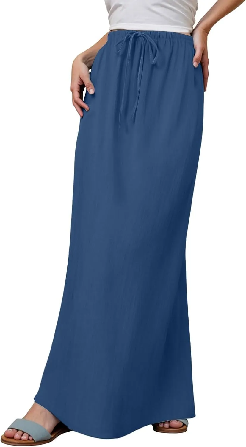 Rvidbe Summer Skirts for Women 2025,Comfy Drawstring Waist A Line Skirts Vacation Boho Long Flowy Skirts Linen Maxi Skirts