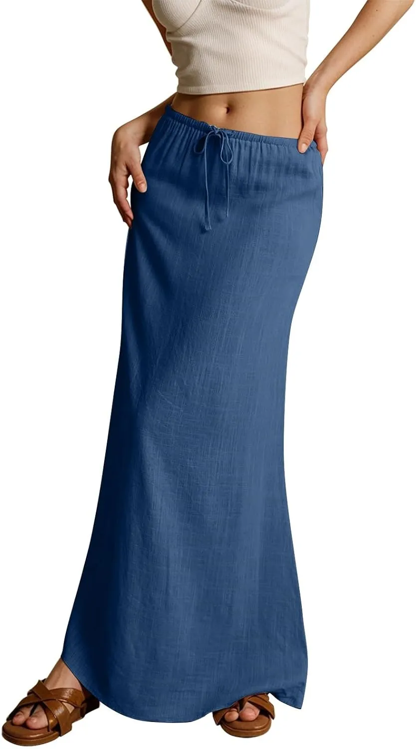 Rvidbe Summer Skirts for Women 2025,Comfy Drawstring Waist A Line Skirts Vacation Boho Long Flowy Skirts Linen Maxi Skirts