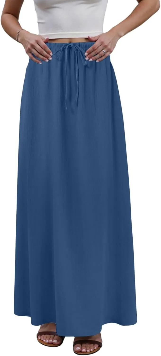 Rvidbe Summer Skirts for Women 2025,Comfy Drawstring Waist A Line Skirts Vacation Boho Long Flowy Skirts Linen Maxi Skirts