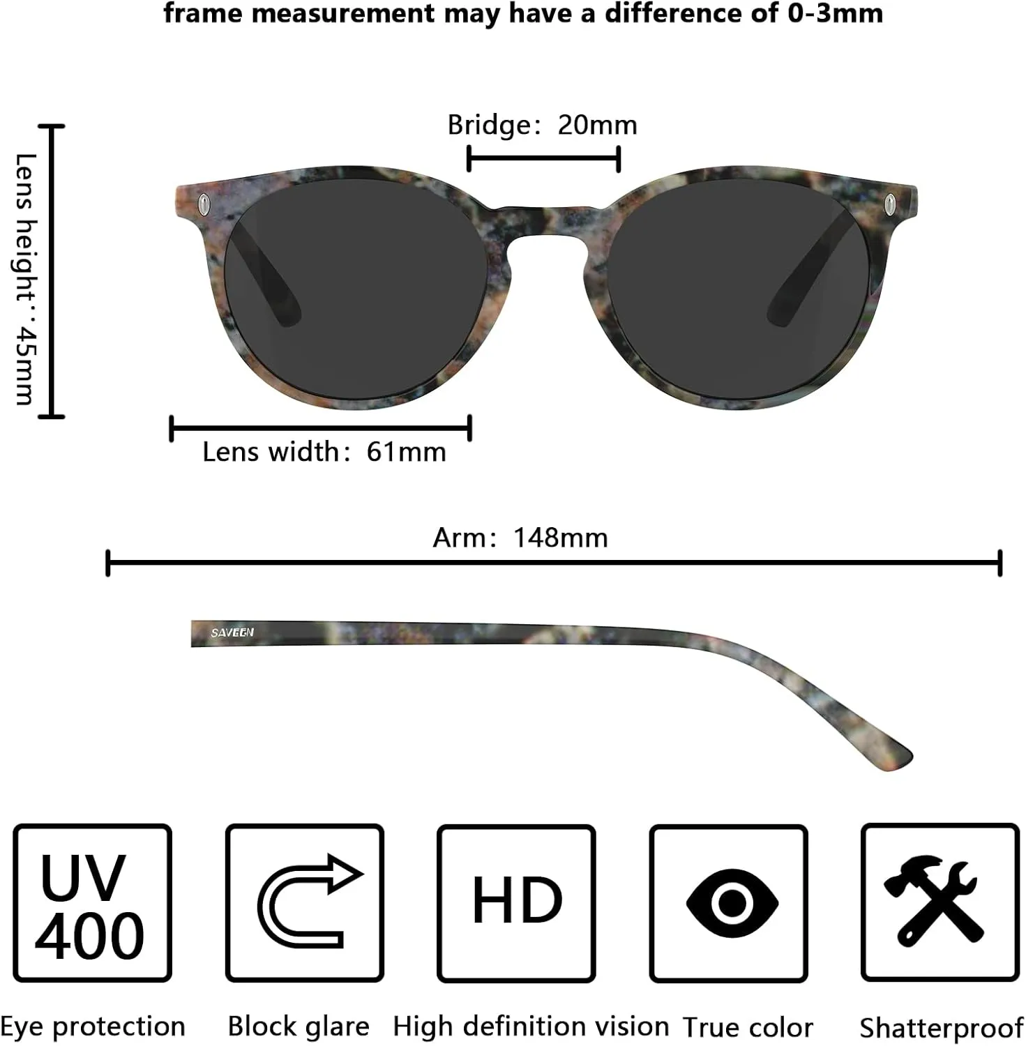 Saveen Retro TAC Round Polarized Sunglasses, Lightweight TR-90 Frame for Women Men UV Protection