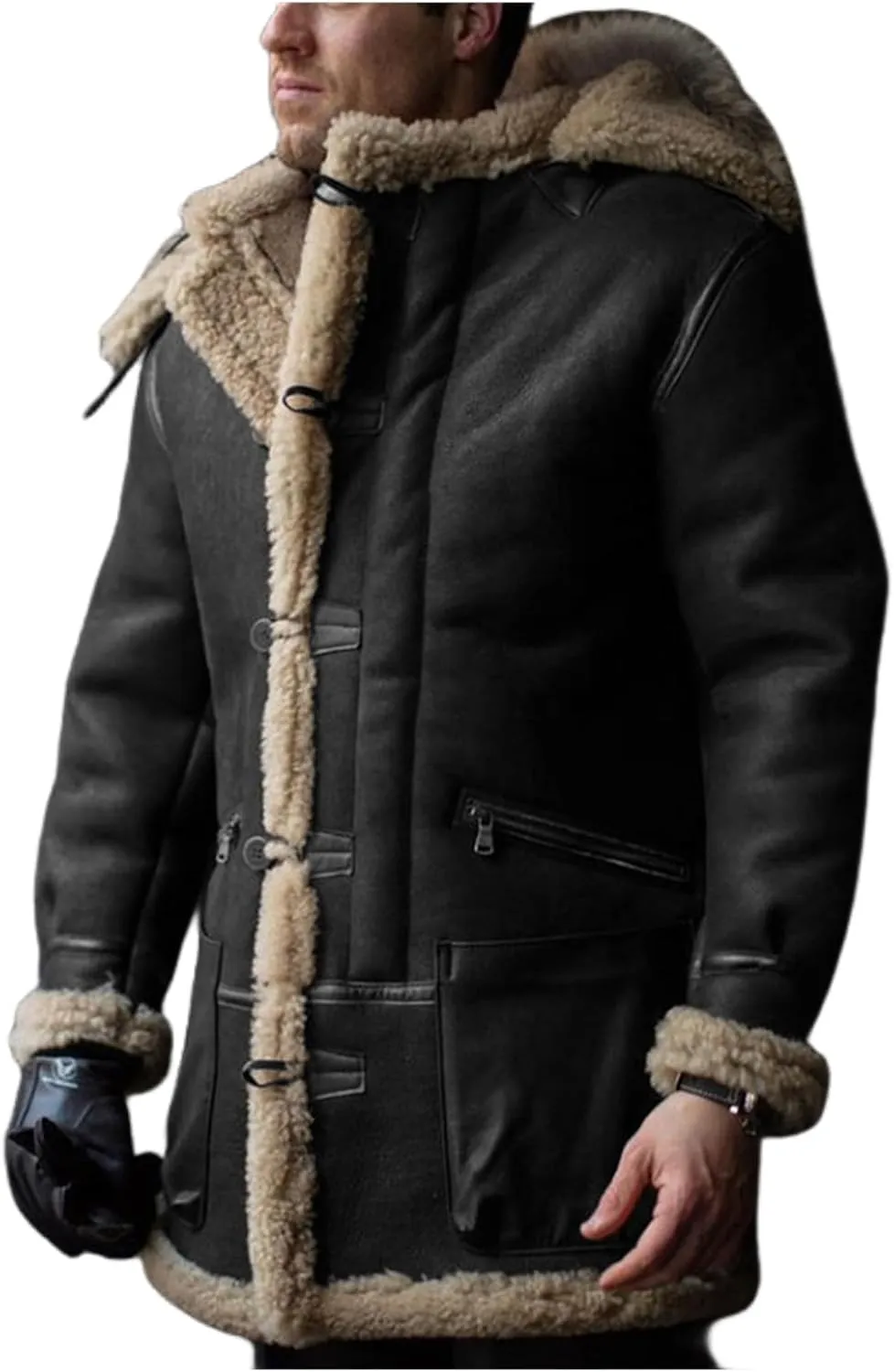 Shearling Jacket Men Vintage Sheepskin Leather Coat Warm Sherpa Fleece Lined Coat Winter Motorcycle Jackets with Hood