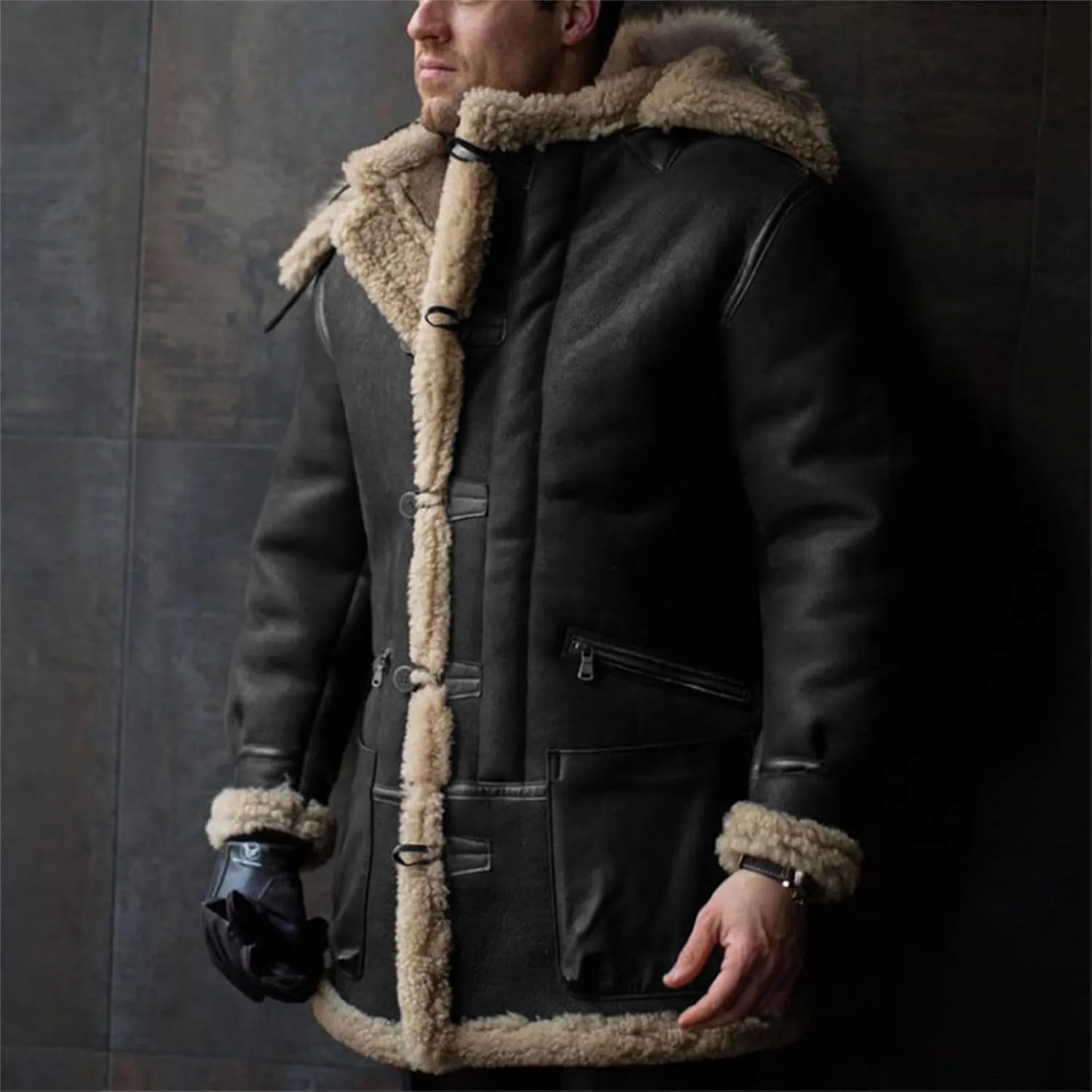 Shearling Jacket Men Vintage Sheepskin Leather Coat Warm Sherpa Fleece Lined Coat Winter Motorcycle Jackets with Hood