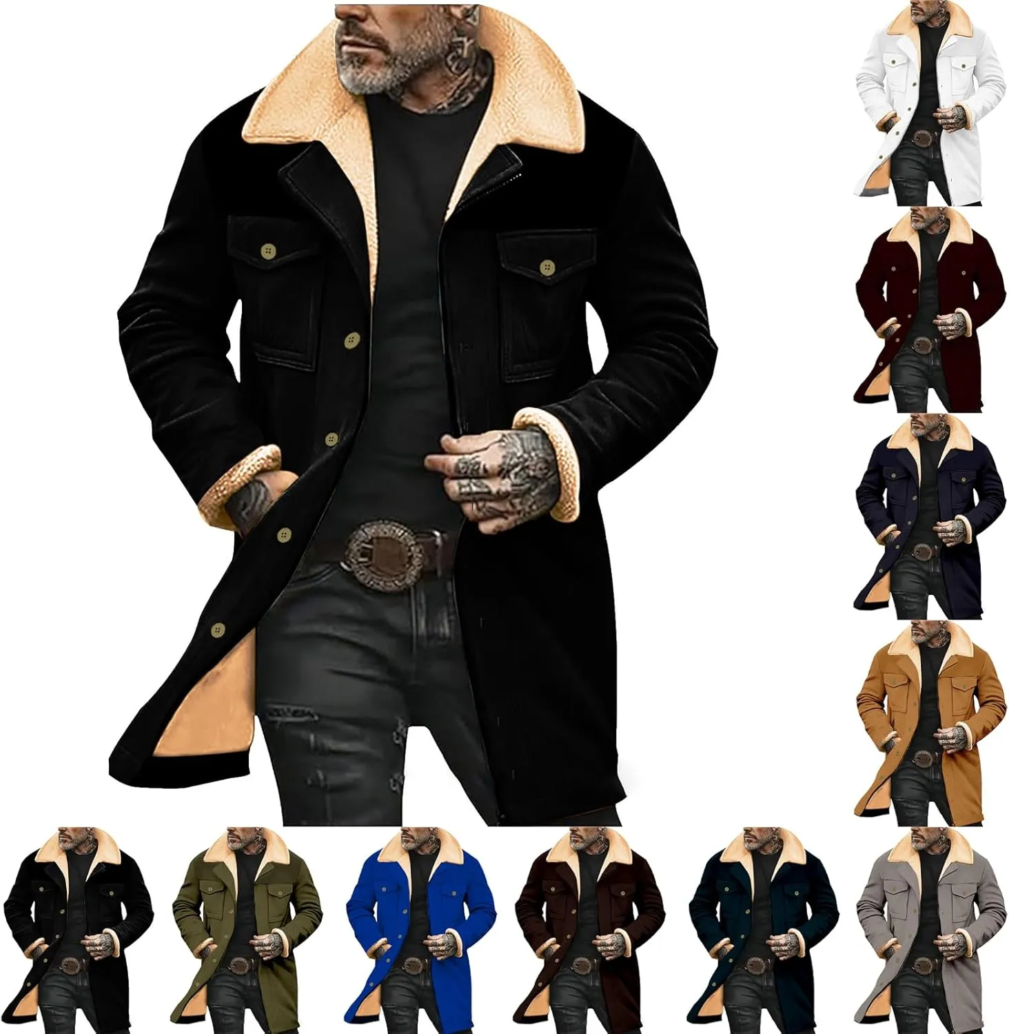 Sherpa Lined Leather Jacket for Men Plush Reversed Collar Outdoor Jacket Suede Long Trench Coats Western Cowboy Jacket