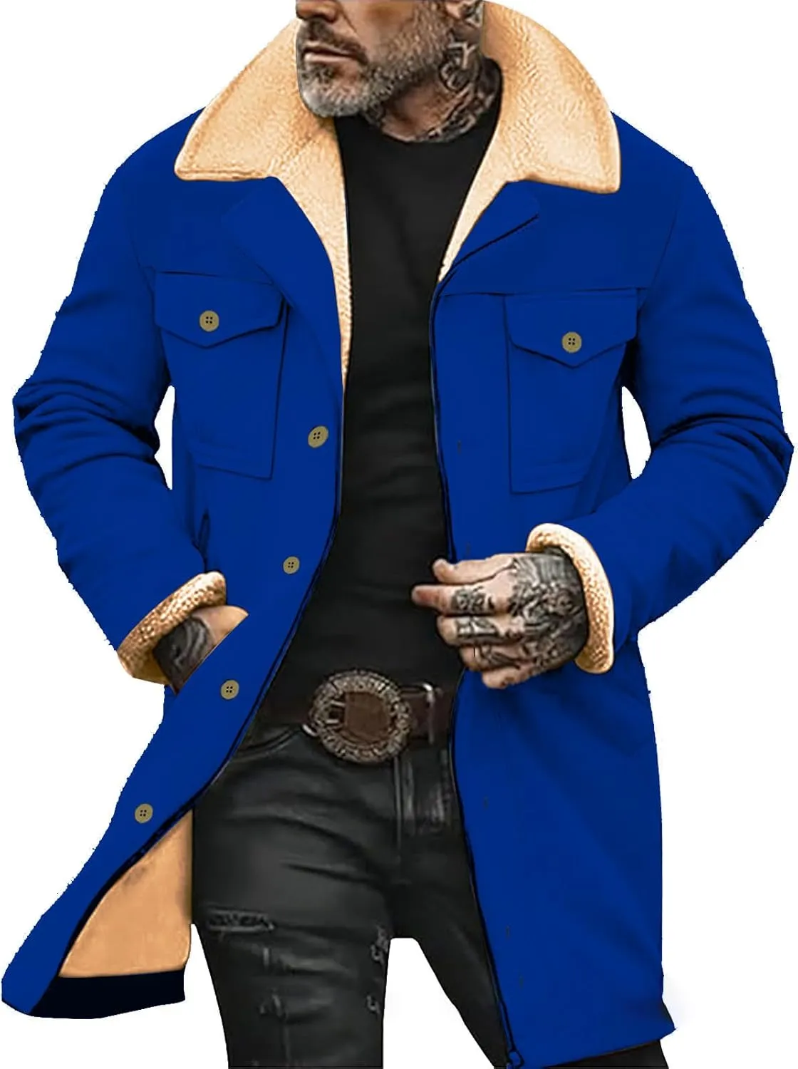 Sherpa Lined Leather Jacket for Men Plush Reversed Collar Outdoor Jacket Suede Long Trench Coats Western Cowboy Jacket