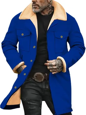 Sherpa Lined Leather Jacket for Men Plush Reversed Collar Outdoor Jacket Suede Long Trench Coats Western Cowboy Jacket