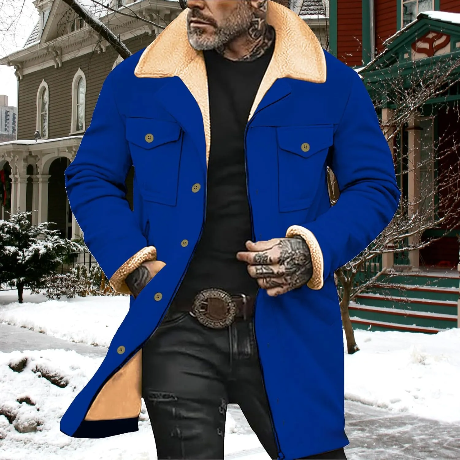 Sherpa Lined Leather Jacket for Men Plush Reversed Collar Outdoor Jacket Suede Long Trench Coats Western Cowboy Jacket