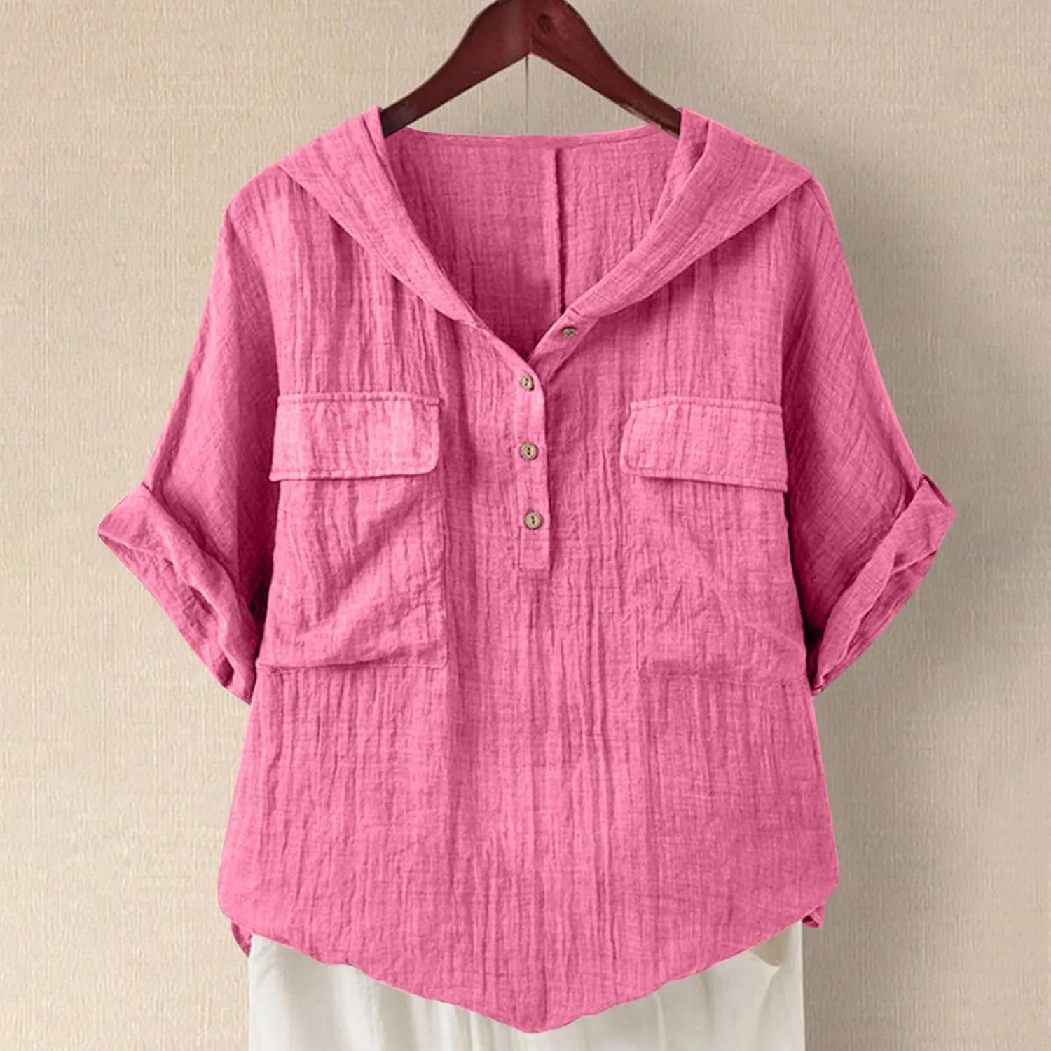 Short Sleeve Linen Hoodie for Women V-Neck Henley Shirt Summer Casual Roll Up Blouse Gauze Tunics Travel Tops