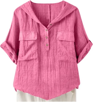 Short Sleeve Linen Hoodie for Women V-Neck Henley Shirt Summer Casual Roll Up Blouse Gauze Tunics Travel Tops