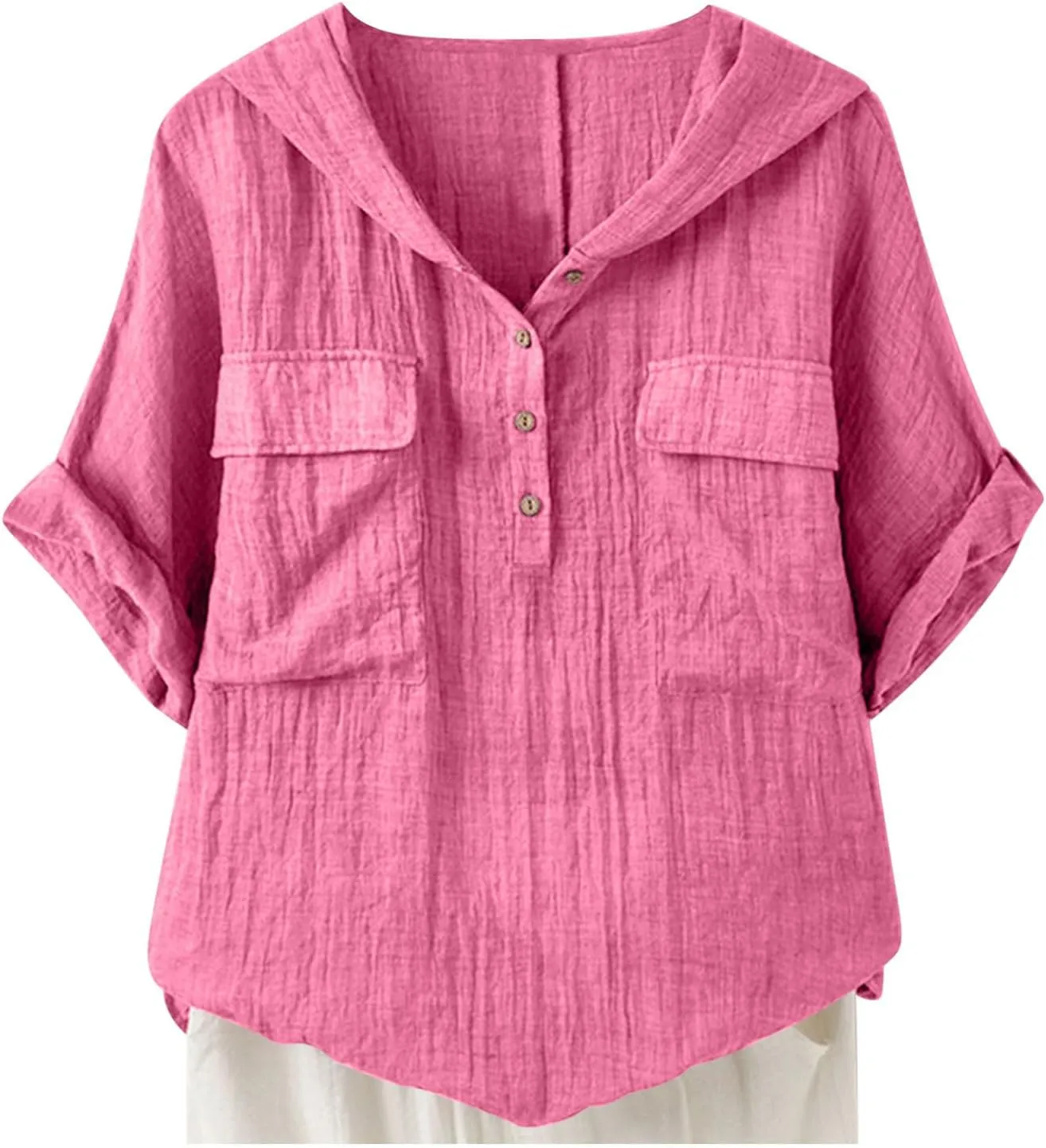 Short Sleeve Linen Hoodie for Women V-Neck Henley Shirt Summer Casual Roll Up Blouse Gauze Tunics Travel Tops