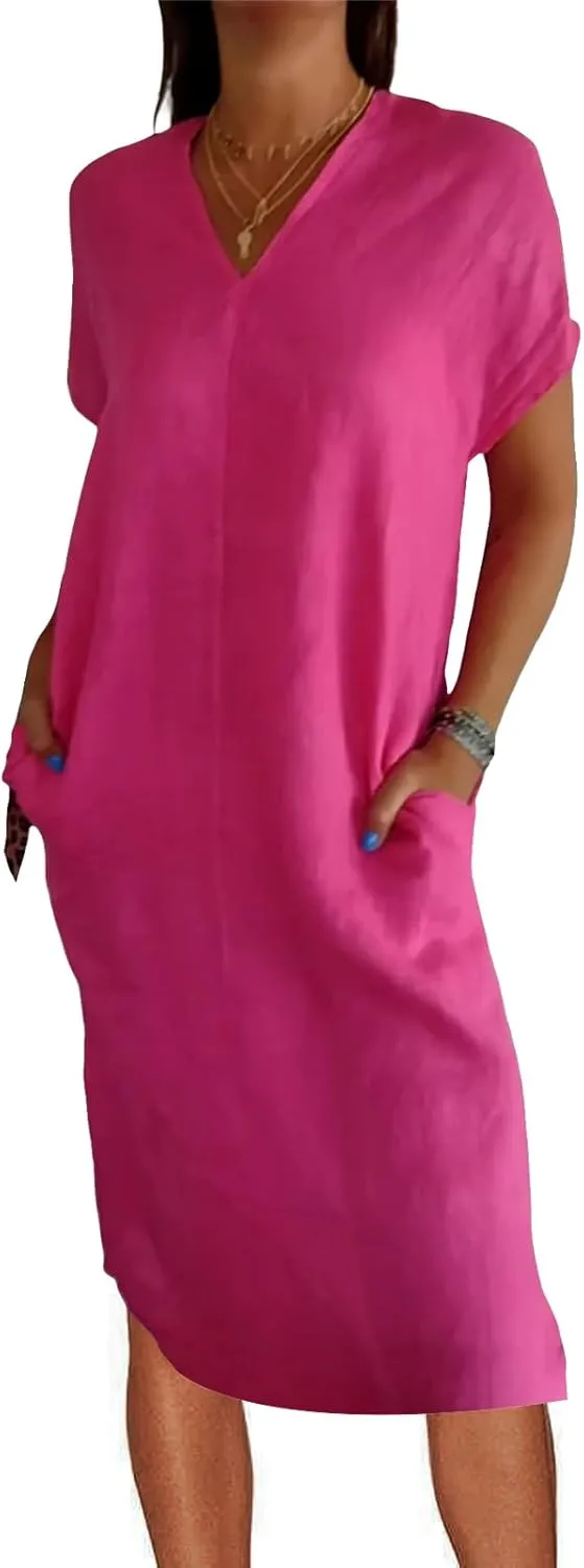 Short Sleeve V-Neck Long Dress Casual Summer Dresses for Women 2025 Linen Casual Loose T Shirts Maxi Dresses Pockets