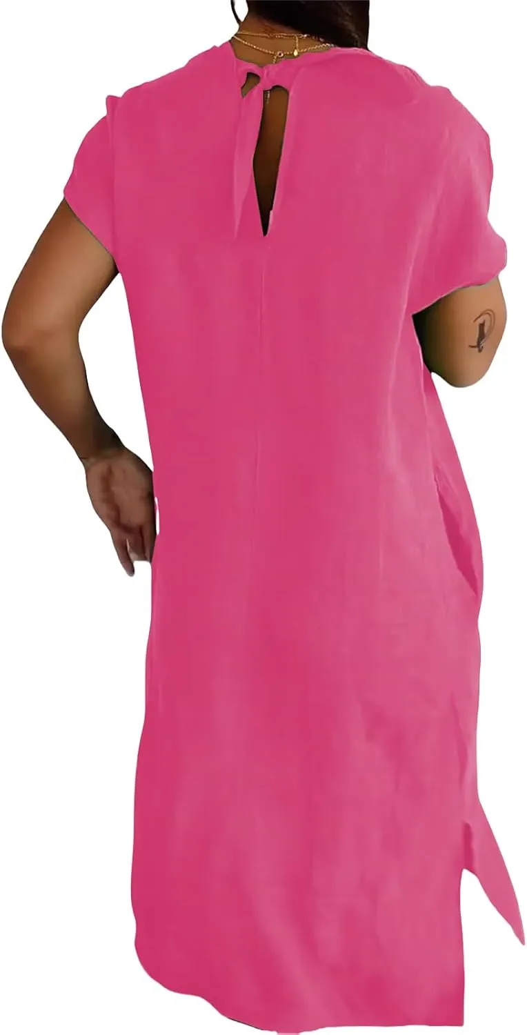 Short Sleeve V-Neck Long Dress Casual Summer Dresses for Women 2025 Linen Casual Loose T Shirts Maxi Dresses Pockets