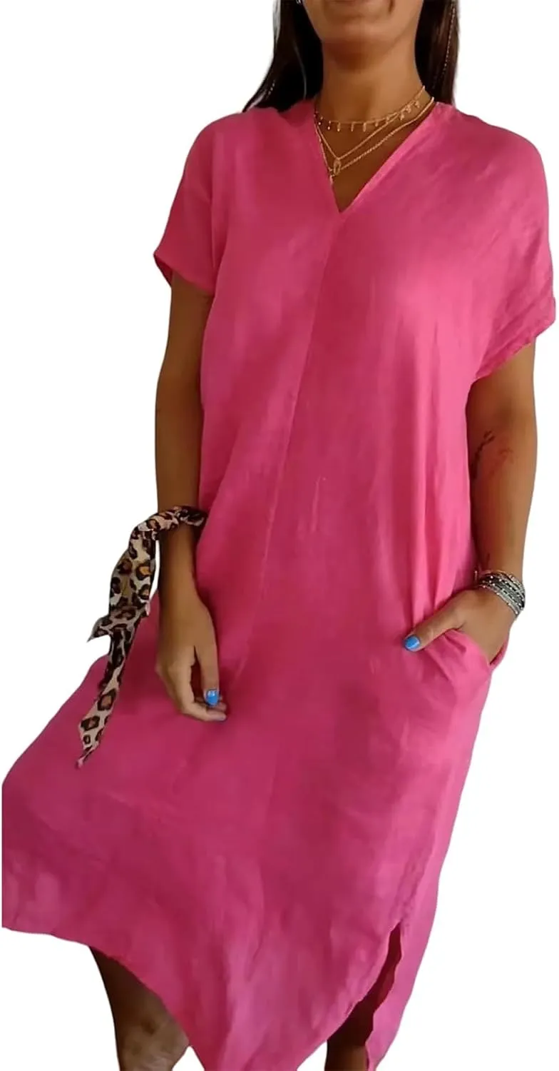 Short Sleeve V-Neck Long Dress Casual Summer Dresses for Women 2025 Linen Casual Loose T Shirts Maxi Dresses Pockets