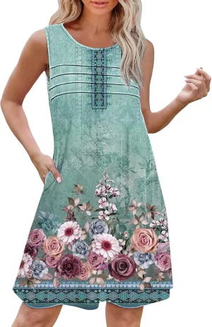 Short Summer Dress Womens with Pockets Summer Casual Tank Dress Sleeveless Midi Beach Dress Plus Size Linen Dress