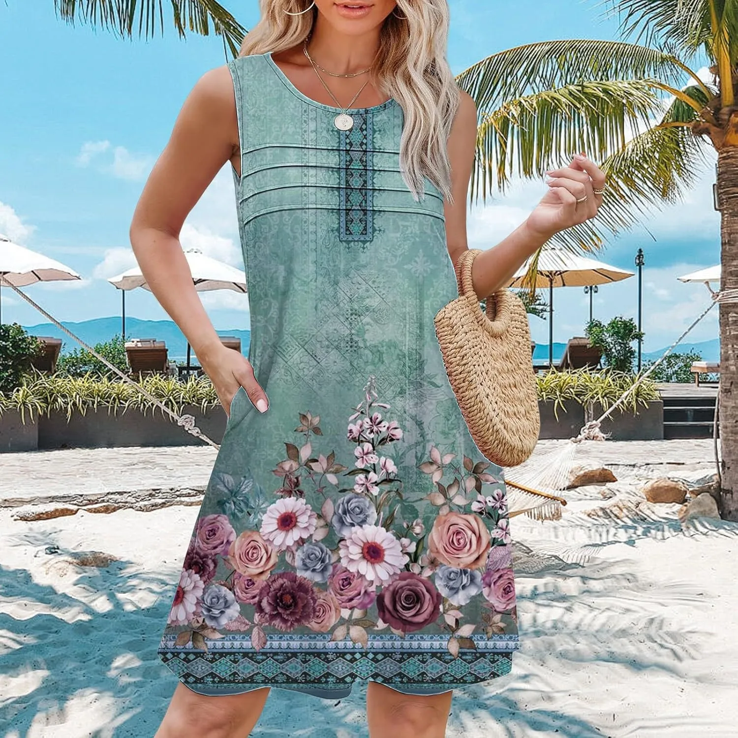 Short Summer Dress Womens with Pockets Summer Casual Tank Dress Sleeveless Midi Beach Dress Plus Size Linen Dress
