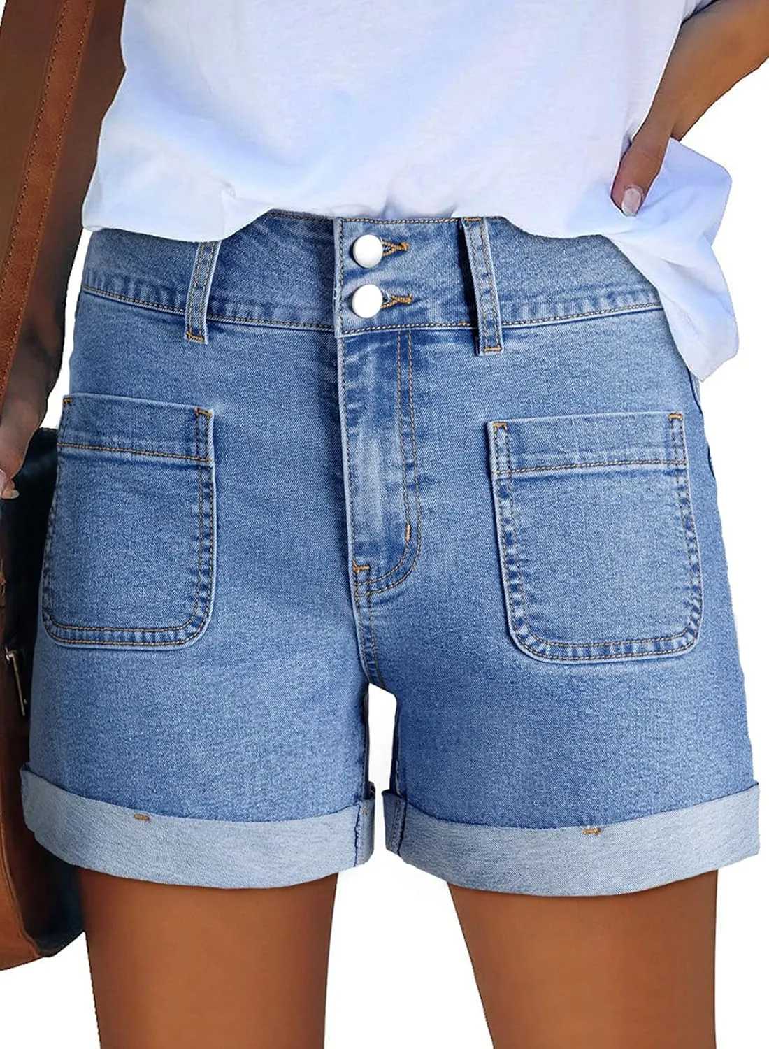Sidefeel Women's Jean Shorts Casual High Waisted Folded Hem Zimbaplatinum Denim Shorts
