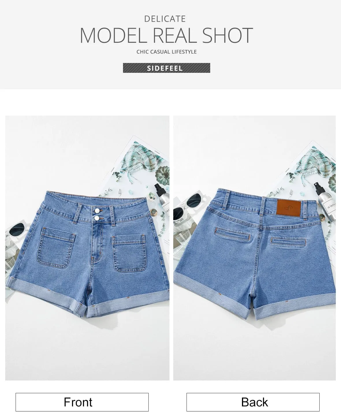 Sidefeel Women's Jean Shorts Casual High Waisted Folded Hem Zimbaplatinum Denim Shorts