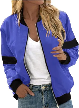 Sinzelimin Womens Baseball Jackets Fashion Contrast Casual Pocket Zipper Jacket Tops Fall Jogger Sport Coat Outwear & Jackets
