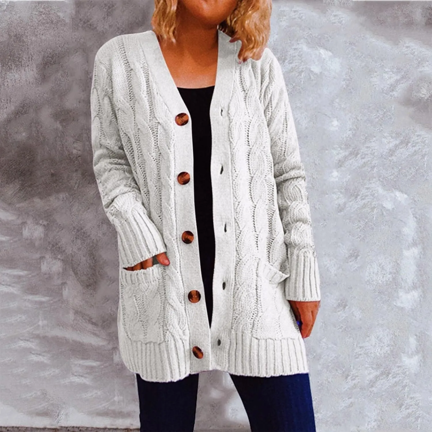 Sinzelimin Women's Sweater Cardigan Women's Open Front Cardigan Sweaters Fashion Button Down Cable Knit Chunky Outwear Coats