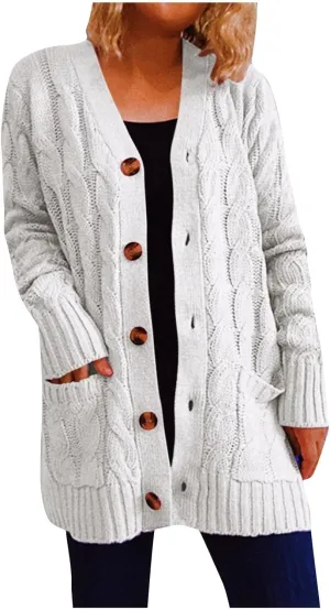 Sinzelimin Women's Sweater Cardigan Women's Open Front Cardigan Sweaters Fashion Button Down Cable Knit Chunky Outwear Coats