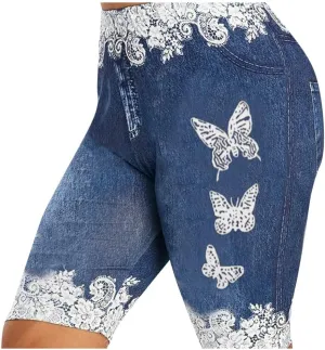 Skinny Butterfly Print Casual Jeans Shorts Women Summer Button Elastic High Waist Lace Denim Shorts Comfy Lightweight Shorts Jean Shorts Womens High Waisted Navy, XXL