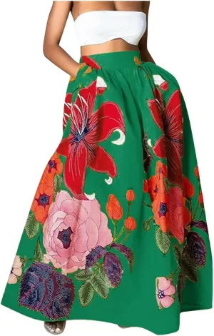 Skirts for Women 2025 Women's Fashion Floral Print Half Skirts High Waist Loose Beach Long Skirt with Pocket
