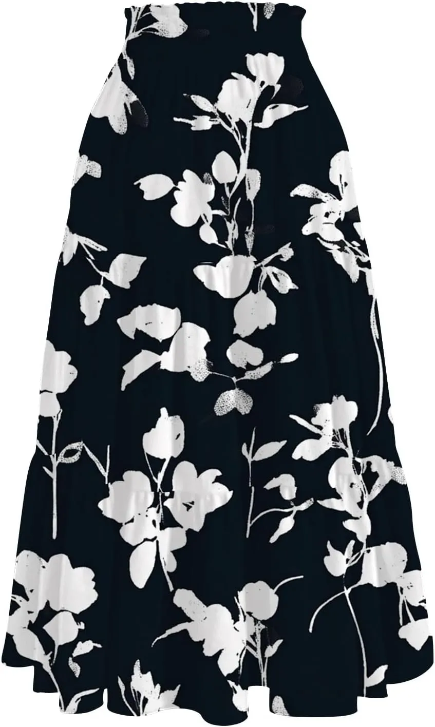 Skirts for Women Trendy A Line Elastic Waist Printed Skirts for Women Casual Boho Elegant Skirt with Pockets