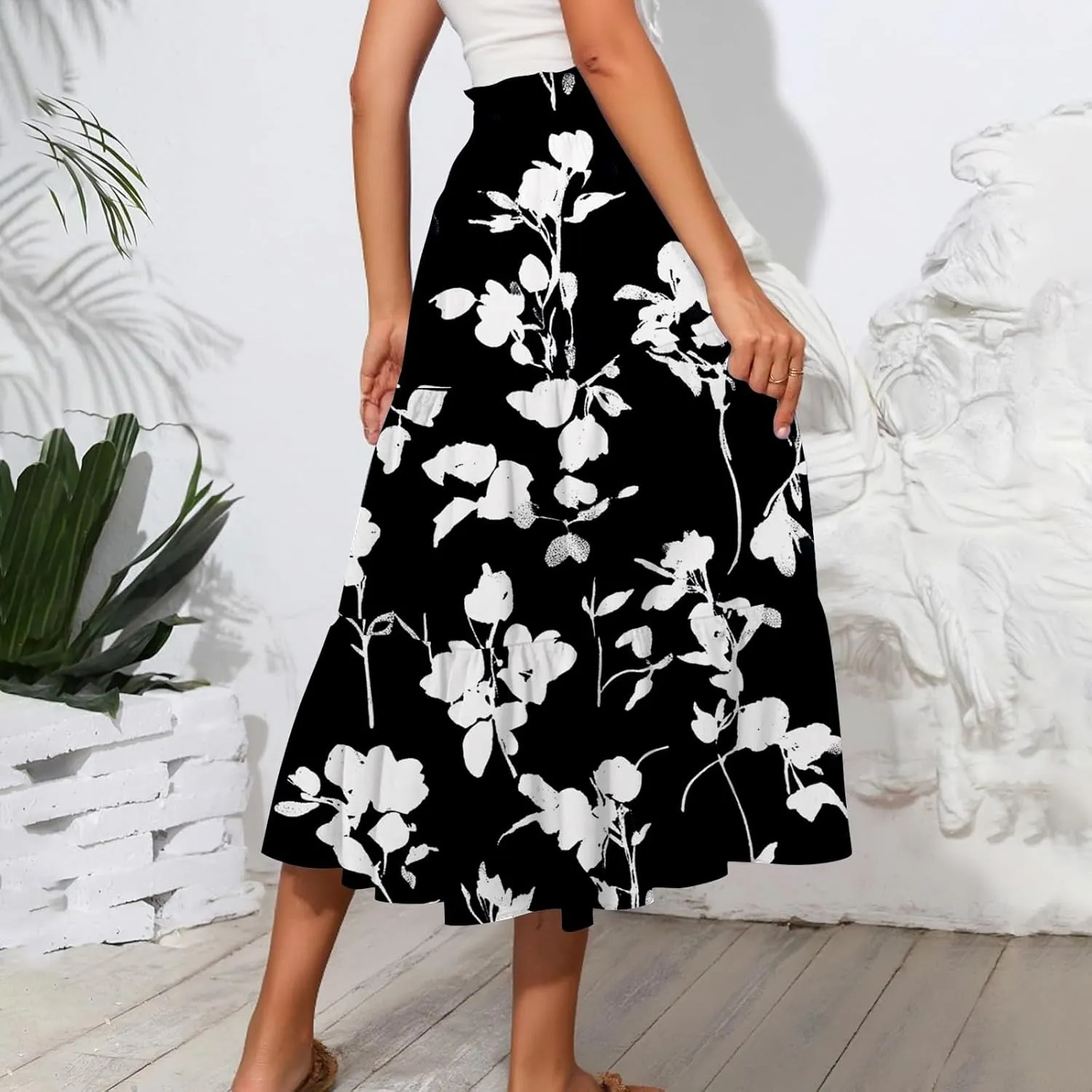 Skirts for Women Trendy A Line Elastic Waist Printed Skirts for Women Casual Boho Elegant Skirt with Pockets