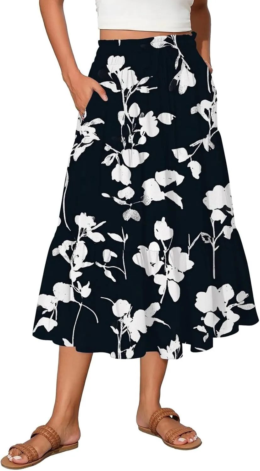 Skirts for Women Trendy A Line Elastic Waist Printed Skirts for Women Casual Boho Elegant Skirt with Pockets