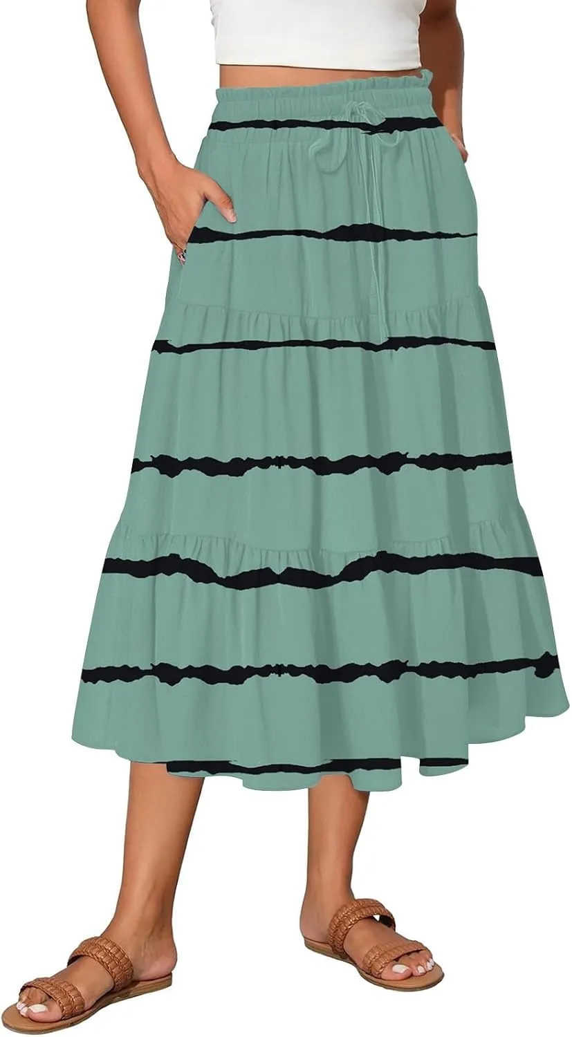 Skirts for Women Trendy A Line Elastic Waist Printed Skirts for Women Casual Boho Elegant Skirt with Pockets