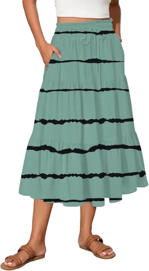 Skirts for Women Trendy A Line Elastic Waist Printed Skirts for Women Casual Boho Elegant Skirt with Pockets