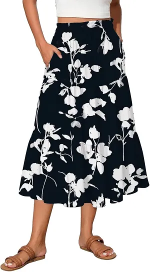 Skirts for Women Trendy A Line Elastic Waist Printed Skirts for Women Casual Boho Elegant Skirt with Pockets