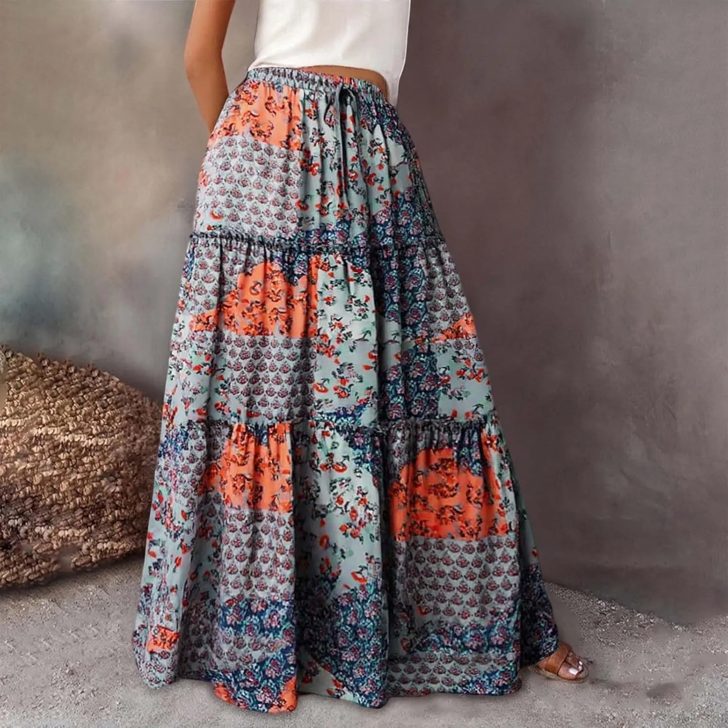 Skirts for Women Trendy Bohemian Summer High Elastic Waist Beach Floral Print A-Line Boha Skirts Vocation Streetwear