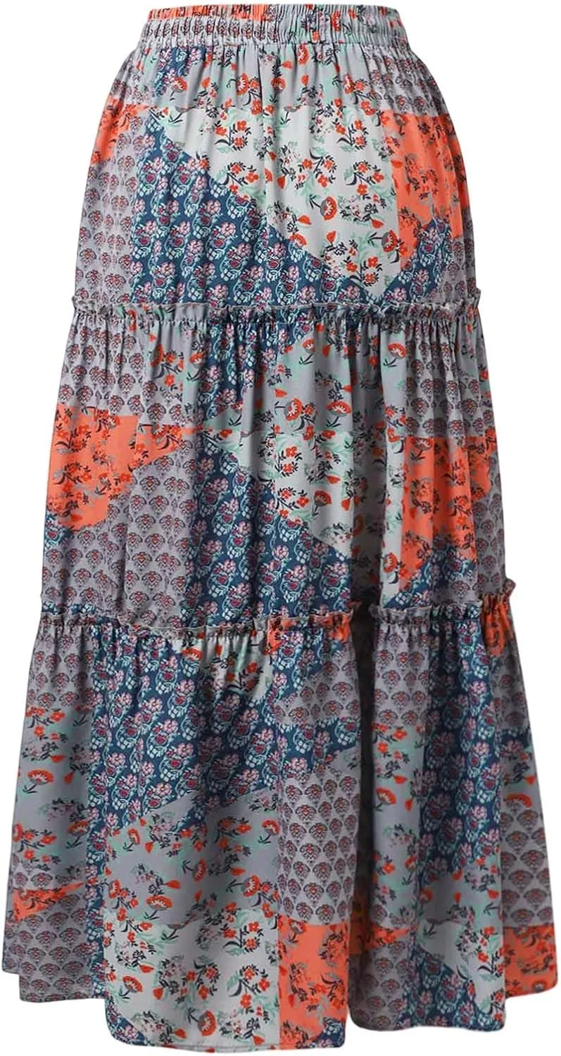 Skirts for Women Trendy Bohemian Summer High Elastic Waist Beach Floral Print A-Line Boha Skirts Vocation Streetwear