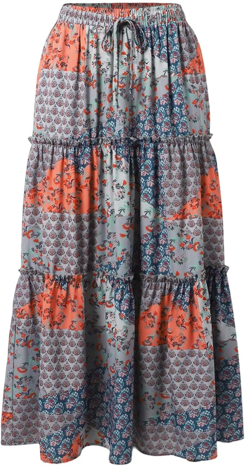 Skirts for Women Trendy Bohemian Summer High Elastic Waist Beach Floral Print A-Line Boha Skirts Vocation Streetwear