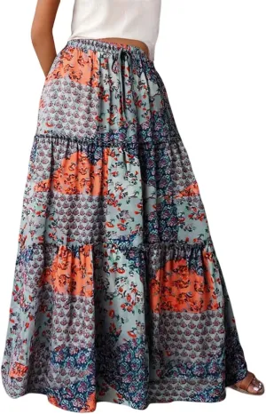 Skirts for Women Trendy Bohemian Summer High Elastic Waist Beach Floral Print A-Line Boha Skirts Vocation Streetwear
