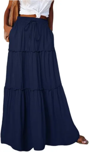 Skirts for Women Trendy Solid Travel Trendy Business Elastic Waist Festival Pleated Beach Swing Maxi Skirts for Women