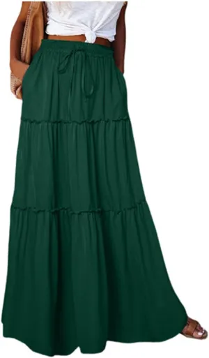 Skirts for Women Trendy Solid Travel Trendy Business Elastic Waist Festival Pleated Beach Swing Maxi Skirts for Women