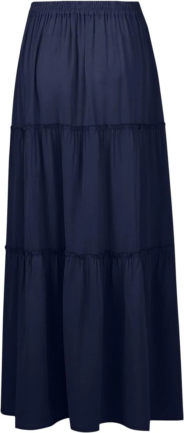 Skirts for Women Trendy Solid Travel Trendy Business Elastic Waist Festival Pleated Beach Swing Maxi Skirts for Women