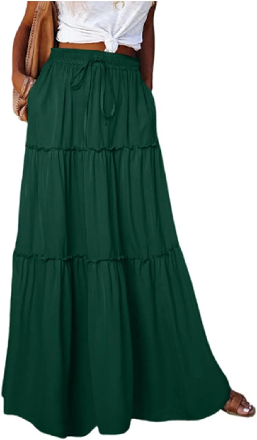 Skirts for Women Trendy Solid Travel Trendy Business Elastic Waist Festival Pleated Beach Swing Maxi Skirts for Women