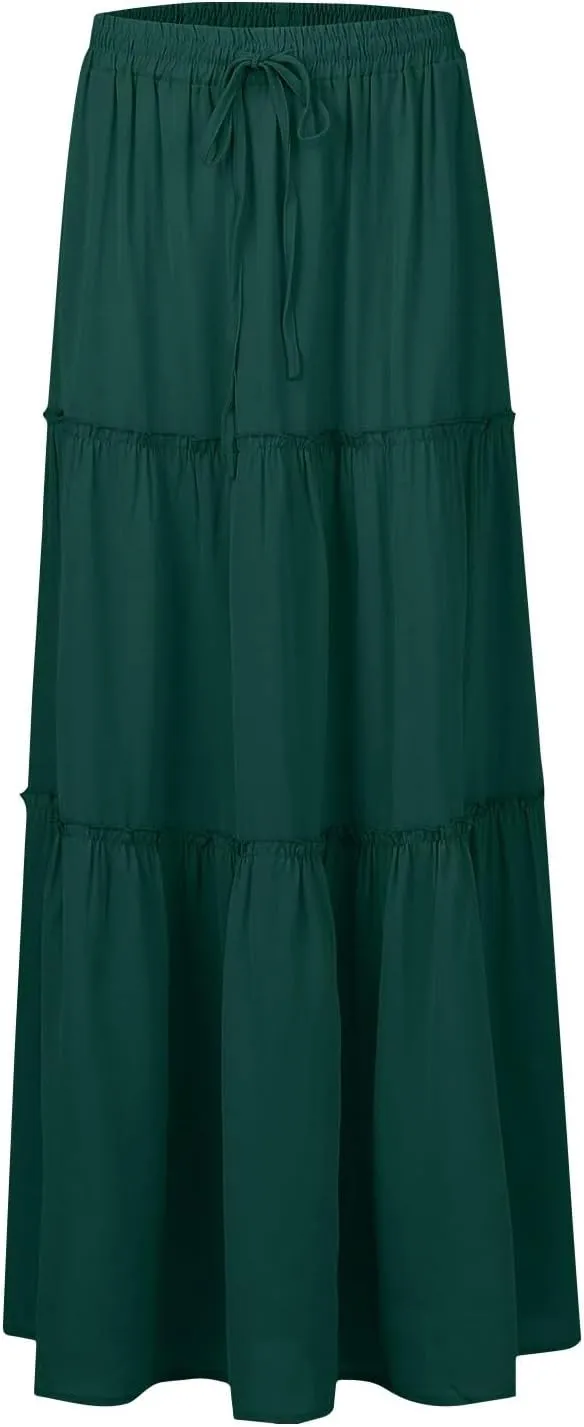 Skirts for Women Trendy Solid Travel Trendy Business Elastic Waist Festival Pleated Beach Swing Maxi Skirts for Women