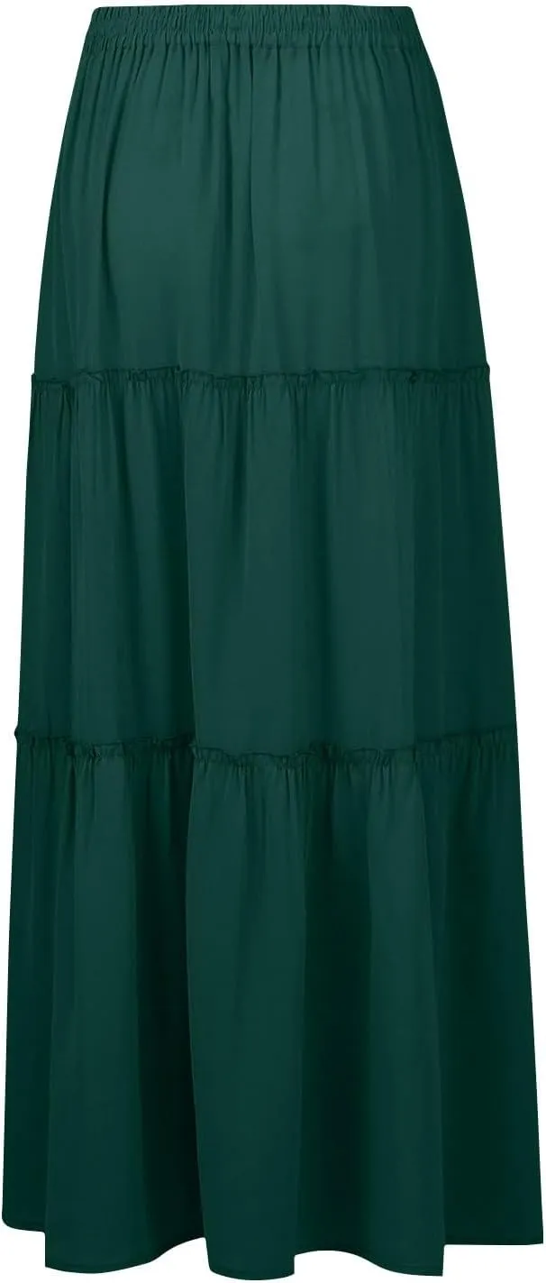 Skirts for Women Trendy Solid Travel Trendy Business Elastic Waist Festival Pleated Beach Swing Maxi Skirts for Women