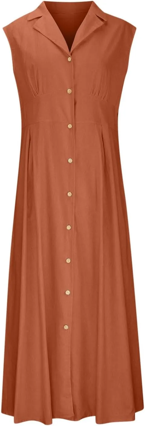 Sleeveless Dresses for Women Full Button Down Collared Cotton Linen Long Dresses Flowy Pleated Business Work Dress