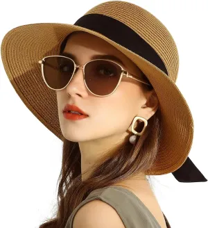 SOMALER Womens Straw Sun Hats Wide Brim Foldable Beach Hats UV UPF 50  Summer Sun Travel Hat for Women