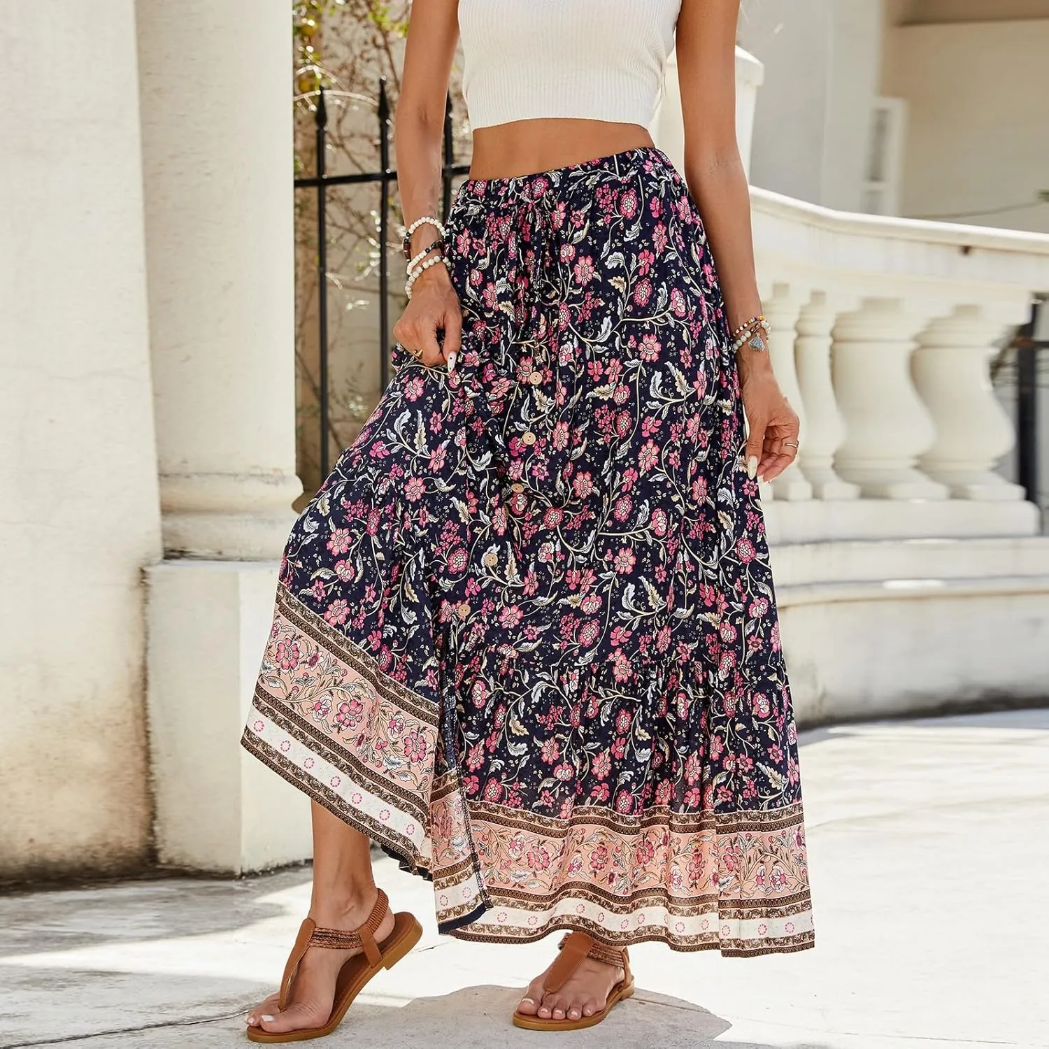 Spring Skirts for Women 2025,Beach Vacation Ethnic Flowy Maxi Skirts Trendy Long Boho Skirt Summer Elastic Waist