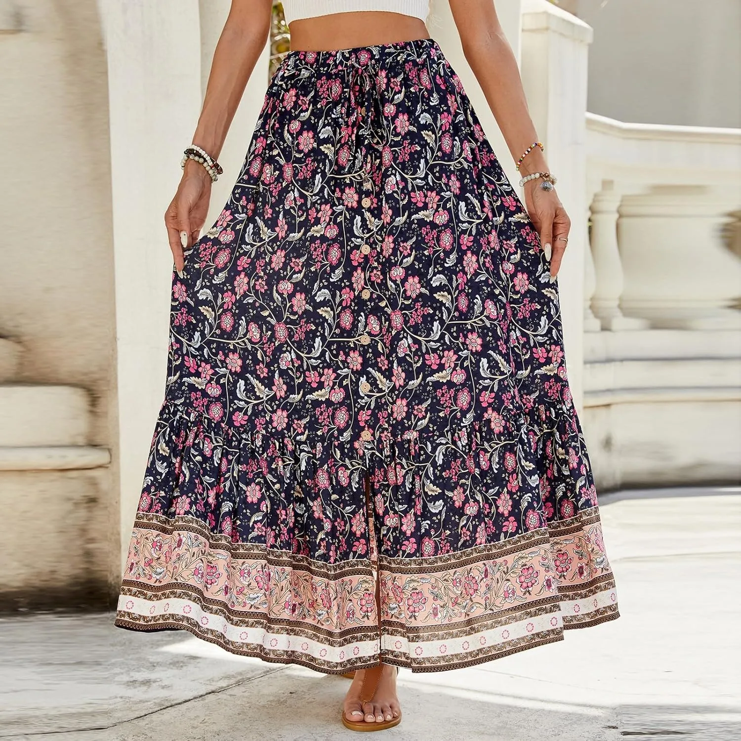 Spring Skirts for Women 2025,Beach Vacation Ethnic Flowy Maxi Skirts Trendy Long Boho Skirt Summer Elastic Waist
