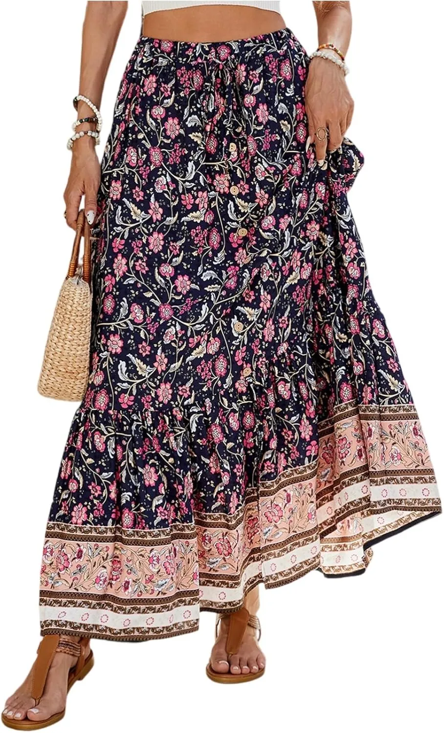 Spring Skirts for Women 2025,Beach Vacation Ethnic Flowy Maxi Skirts Trendy Long Boho Skirt Summer Elastic Waist