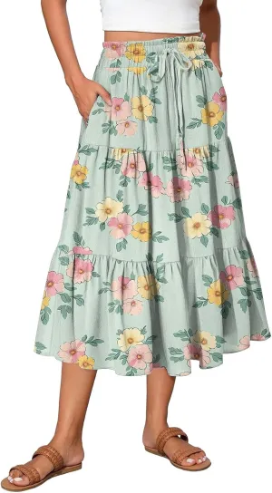Stylish Summer Party Skirt Women Full Hems Comfy Baggy Floral Expandable Waist Skirts