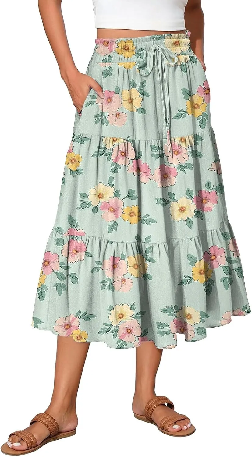 Stylish Summer Party Skirt Women Full Hems Comfy Baggy Floral Expandable Waist Skirts