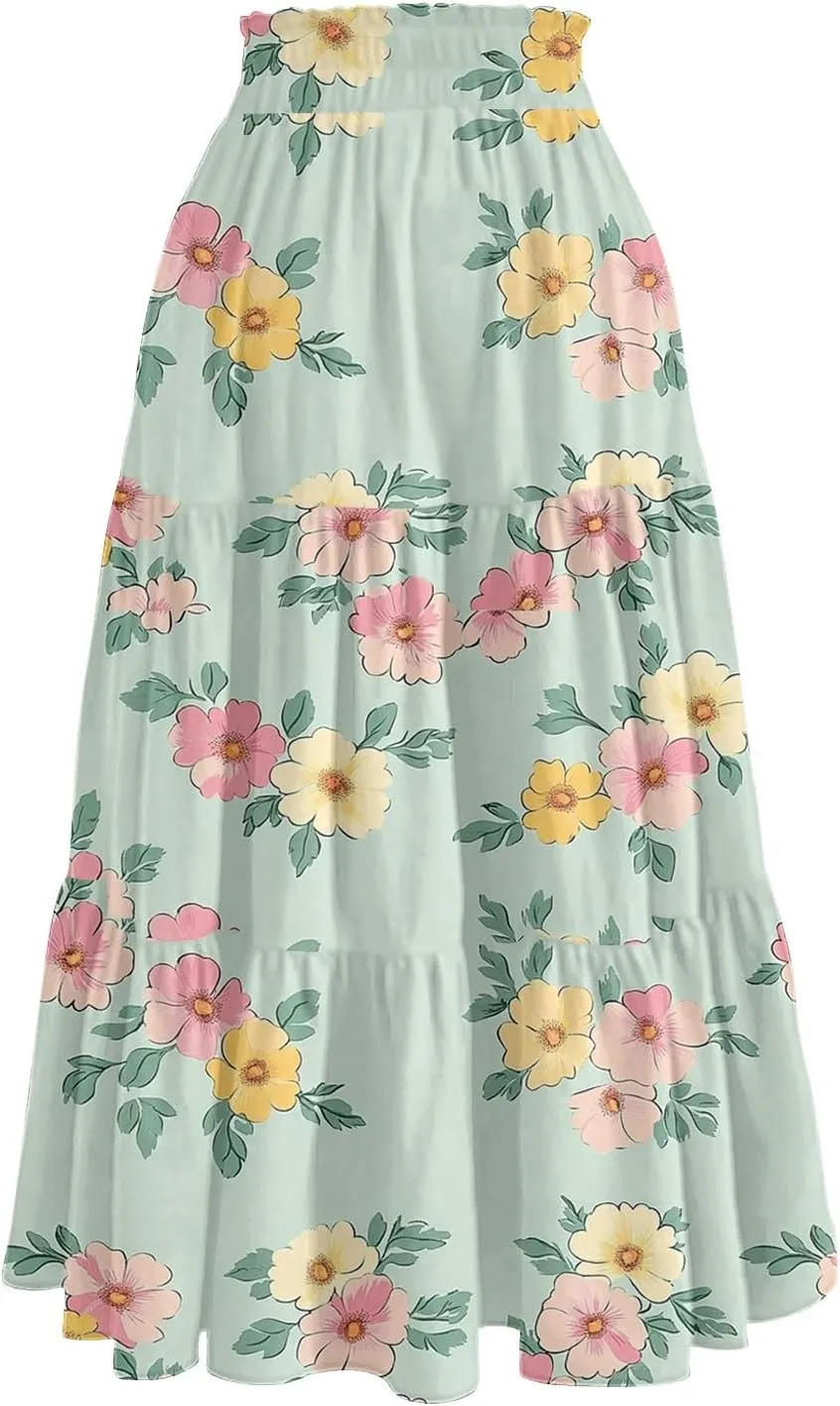 Stylish Summer Party Skirt Women Full Hems Comfy Baggy Floral Expandable Waist Skirts