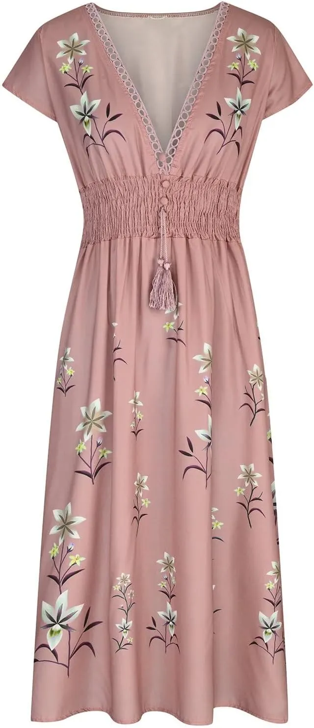 Summer Dresses for Women 2025 Boho Dress Cap Sleeve V Neck The Waist Maxi Dress Floral Elegant Wrap Sundress 2025